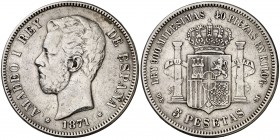 1871*1873. Amadeo I. DEM. 5 pesetas. (Cal. 9). 24,40 g. Escasa. MBC-.