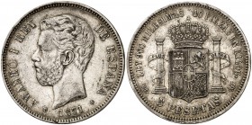 1871*1874. Amadeo I. DEM. 5 pesetas. (Cal. 10). 24,87 g. MBC.