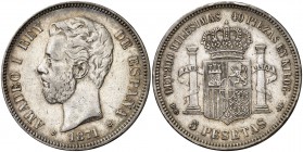 1871*1875. Amadeo I. DEM. 5 pesetas. (Cal. 12). 24,81 g. Golpecitos. (MBC+).