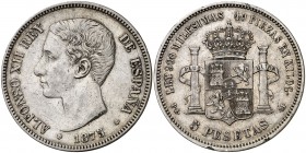 1875*1875. Alfonso XII. DEM. 5 pesetas. (Cal. 25a). 25,26 g. Leves golpecitos. MBC-.