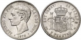 1879*187-. Alfonso XII. EMM. 5 pesetas. (Cal. 31). 24,95 g. Rayitas. MBC-.