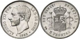 1885*1887. Alfonso XII. MSM. 5 pesetas. (Cal. 42). 24,98 g. Limpiada. Golpecito. MBC+.