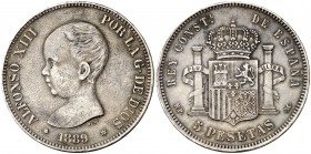 1889*1889. Alfonso XIII. MPM. 5 pesetas. (Cal. 14). 24,75 g. MBC-/MBC.