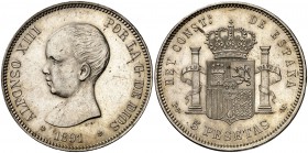 1891*1891. Alfonso XIII. PGM. 5 pesetas. (Cal. 17). 24,97 g. Limpiada. MBC+.