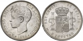 1898*1898. Alfonso XIII. SGV. 5 pesetas. (Cal. 27). 24,70 g. Leves rayitas. Bella. EBC.