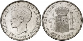 1899*1899. Alfonso XIII. SGV. 5 pesetas. (Cal. 28). 24,84 g. Leves golpecitos. EBC-.