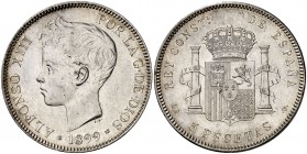 1899*1899. Alfonso XIII. SGV. 5 pesetas. (Cal. 28). 25 g. Leves golpecitos. Parte de brillo original. Ex Áureo & Calicó 13/03/2008, nº 2330. EBC.