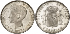 1899*1899. Alfonso XIII. SGV. 5 pesetas. (Cal. 28). 24,91 g. Leves golpecitos. Bella. Peciosa pátina. EBC+.