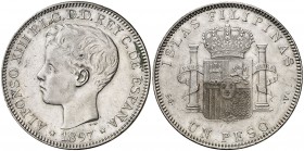 1897. Alfonso XIII. Manila. SGV. 1 peso. (Cal. 81). 25,01 g. Escasa. MBC+/MBC.