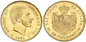 1881*1881. Alfonso XII. MSM. 25 pesetas. (Cal. 14). 8,04 g. Leves golpecitos. Bella. EBC+.