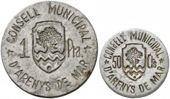 Arenys de Mar. 50 céntimos y 1 peseta. (Cal. 3). Serie completa de 2 monedas. Escasas. MBC+.