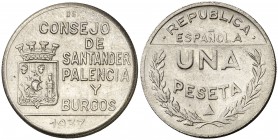 1937. Santader, Palencia y Burgos. 1 peseta. (Cal. 16, como serie completa). 5,57 g. MBC+.
