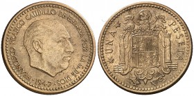 1947*1950. Estado Español. 1 peseta. (Cal. 78). 3,54 g. Escasa así. EBC-.