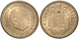 1947*1952. Estado Español. 1 peseta. (Cal. 80). 3,49 g. Escasa así. S/C-.