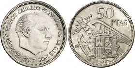 1957. Estado Español. BA (Barcelona). 50 pesetas. (Cal. 139, como serie completa). 12,76 g. I Exposición Iberoamericana de Numismática. S/C-.
