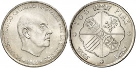 1966*1969. Estado Español. 100 pesetas. (Cal. 14). 19,04 g. Palo curvo. Escasa. S/C.