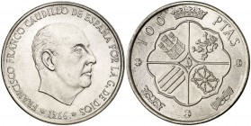1966*1969. Estado Español. 100 pesetas. (Cal. 15). 19,25 g. Palo recto. Muy escasa. S/C.