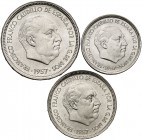 1957. Estado Español. BA (Barcelona). 5, 25 y 50 pesetas. (Cal. 139). I Esposición Iberoamericana de Numismática. Serie completa de 3 monedas. S/C.