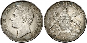 1847. Alemania. Württemberg. Guillermo I. 2 gulden. (Kr. 595). 21,20 g. AG. Mínimos golpecitos. Bella. Pátina. Rara. EBC.