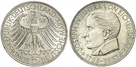 1957. Alemania. J (Hamburgo). 5 marcos. (Kr. 117). 11,23 g. AG. Centenario de la muerte de Joseph F. Von Eichendorff, poeta. Rara. S/C.