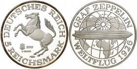 1986. Alemania. 5 marcos/5 onzas. (Kr.UWC. falta). 155,54 g. AG. Viaje inaugural del Zeppelin-1926. En estuche. Proof.