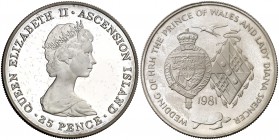 1981. Isla Ascensión. Isabel II. 25 peniques. (Kr. 3a). 28,30 g. AG. Acuñación de 500 ejemplares. Proof.