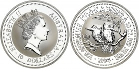 1994. Australia. Isabel II. 10 dólares. (Kr. 231). 311,04 g. AG. Kookaburra. Proof.