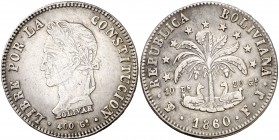 1860. Bolivia. Potosí. FJ. 8 soles. (Kr. 138.6). 19,88 g. AG. Rayitas. MBC+/MBC.