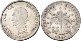 1860. Bolivia. Potosí. FJ. 8 soles. (Kr. 138.6). 19,97 g. AG. Leves hojitas. Parte de brillo original. EBC-/MBC+.