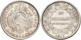 1872. Bolivia. Potosí. FE. 1 boliviano. (Kr. 160.1). 24,90 g. AG. Golpecitos. MBC+.