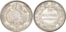 1873. Bolivia. Potosí. FE. 1 boliviano. (Kr. 160.1). 24,96 g. AG. Golpecitos. MBC+.