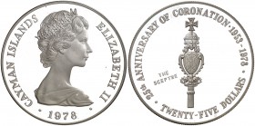 1978. Islas Caimán. Isabel II. 25 dólares. (Kr. 40). 51,92 g. AG. Acuñación de 5000 ejemplares. Proof.