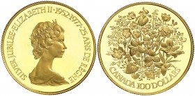 1977. Canadá. Isabel II. 100 dólares. (Fr. 8) (Kr. 119). 16,89 g. AU. Jubileo de Plata. En estuche oficial con certificado. Proof.