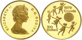 1979. Canadá. Isabel II. 100 dólares. (Fr. 10) (Kr. 126). 16,87 g. AU. Año Internacional del Niño. En estuche oficial con certificado. Proof.