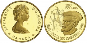 1984. Canadá. Isabel II. 100 dólares. (Fr. 15) (Kr. 142). 16,89 g. AU. Jacques Cartier. En estuche oficial con certificado. Proof.