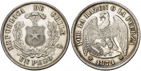 1874. Chile. (Santiago). 1 peso. (Kr. 142.1) 24,89 g. AG. Limpiada. EBC-.