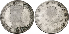 1821. Colombia. Cundinamarca. Bª (Bogotá). JF. 8 reales. (Kr. C6). 22,75 g. AG. Rara. BC.