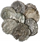 s/d. Felipe II. Aragón. 1 dinero. Lote de 8 monedas, diversas variantes. A examinar. BC/MBC-.