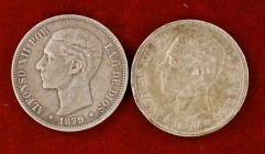 1877*1877 y 1879*1879. Alfonso XII. 5 pesetas. Lote de 2 monedas. A examinar. MBC-.