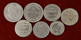 7 monedas de la Guerra Civil: Euzkadi 1 y 2 pesetas (dos) y Santander, Palencia y Burgos 50 céntimos y 1 peseta (tres). A examinar. MBC/MBC+.