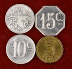 3 monedas de la Guerra Civil: La Hispano Suiza 25 céntimos, Autobuses Roca 10 y 15 céntimos y una de Cooperativa de la Barceloneta de 5 céntimos. A ex...