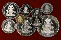 1977. Bahamas. 1, 5, 10, 15, 25 y 50 centavos, y 1, 2 y 5 dólares. Serie completa de 9 valores en diversos metales. A examinar. Proof.