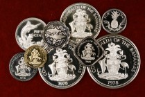 1978. Bahamas. 1, 5, 10, 15, 25 y 50 centavos, y 1, 2 y 5 dólares. Serie completa de 9 valores en diversos metales. A examinar. Proof.