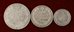 AH 1329 (1911). Marruecos. Abd al'Hafiz. 1/4, 1/2 y 1 rial. Lote de 3 monedas. A examinar. EBC-/EBC.