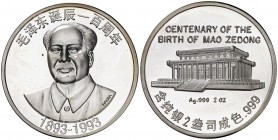 1993. Medalla. 62,24 g. AG. Centenario del nacimiento de Mao Zedong. Proof.