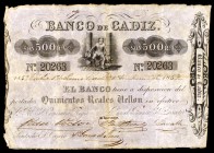 1847. Banco de Cádiz. 500 reales de vellón. (Ed. A68). 1 de junio. I emisión. Raro. MBC-.