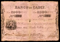 1856/184... Banco de Cádiz. 2000 reales de vellón. (Ed. A70). 26 de febrero. I emisión. Roturas. Raro. BC.