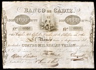 1860. Banco de Cádiz. 4000 reales de vellón. (Ed. A71). I emisión. Raro. MBC-.
