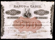 s/d. Banco de Cádiz. 500 reales de vellón. (Ed. A76). III emisión. Escaso así. EBC.