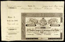 1857. Banco de Zaragoza. 100 reales de vellón. (Ed. A117B). 14 de mayo. Sin taladros ni firmas. Con matrices lateral izquierda y superior. EBC.